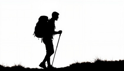 Fototapeta premium Hiking silhouette of a man with backpack against white background, adventure