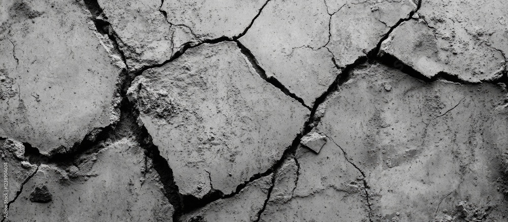 Poster cracked drought-affected soil texture in black and white with visible fractures and irregular patter