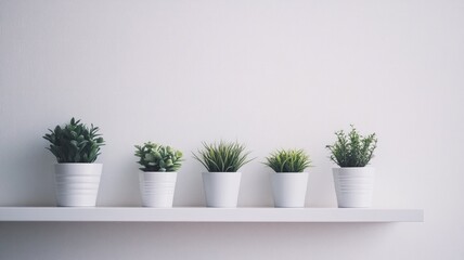 Fototapeta premium Minimalist white shelf with five green potted plants against plain wall