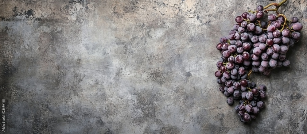 Poster cluster of red grapes on rustic gray stone surface with copy space