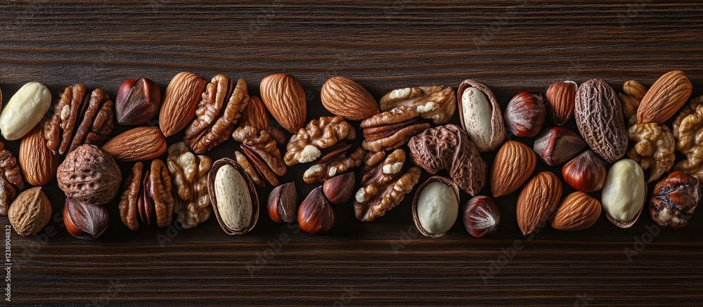 Poster assorted nuts on dark wooden surface top view with small copy space