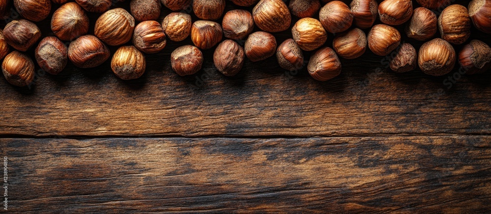 Aufkleber whole hazelnuts on a rustic wooden table background with copy space at the bottom.