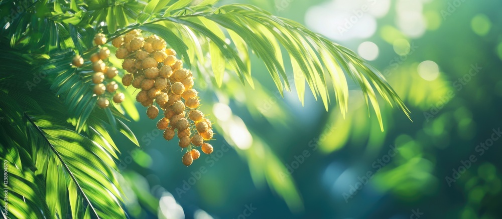 Poster palm tree branch with clusters of ripe yellow dates in sunlight with copy space.