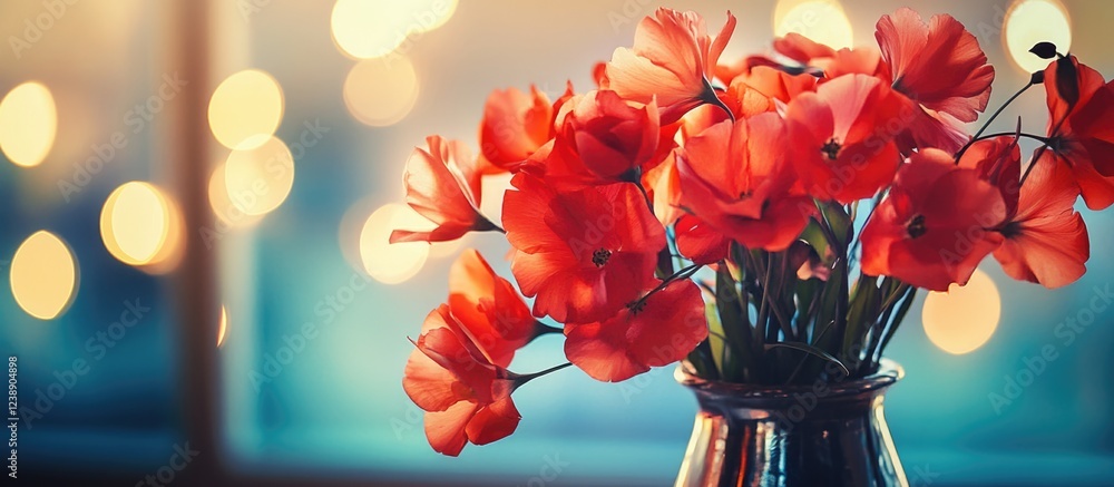 Poster vase with vibrant red poppies in soft focus with warm bokeh lights in background