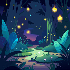  A magical scene with glowing firefly lights scattered across a dark, black background, creating a serene and peaceful ambiance.