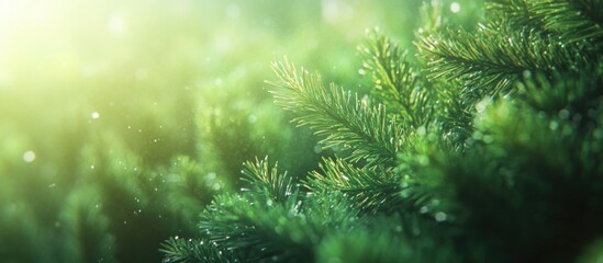 Green Pine Needles with Sunlight and Bokeh Effects