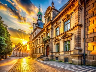 Obraz premium Golden Hour Summer Solstice: Warm Sunlight on Architectural Facade
