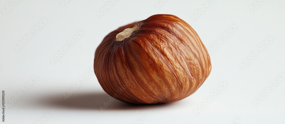 Poster close-up of a single hazelnut on a white background with shadow and copy space