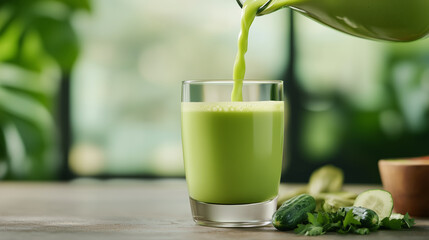 refreshing green vegetable juice being poured into glass with fresh ingredients nearby