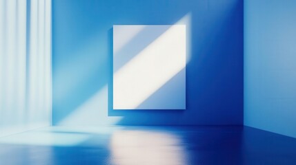 minimalist gallery space with floating blank white canvas, modern blue gradient walls, geometric shadows, architectural lighting, clean contemporary design