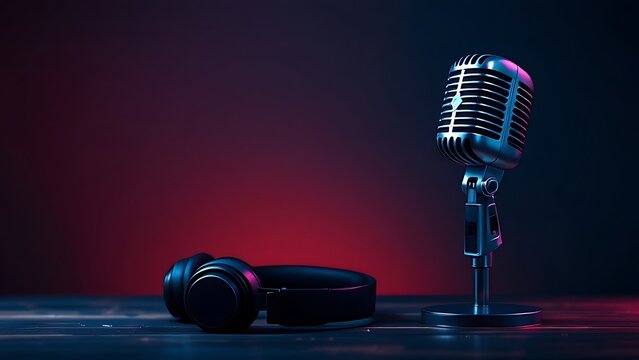 Podcasting and radio concept with retro microphone and headphones on empty wooden table and dark blank wall background with place for your logo or text. 3D rendering, mock up