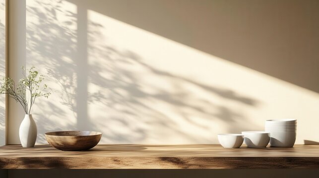 Fototapeta minimalist kitchen scene with warm walnut wood countertop extending into infinity, subtle shadows playing across beige wall, clean lines and modern aesthetic, product display ready
