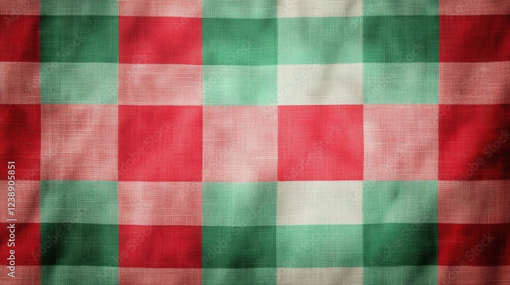 Poster red and green plaid fabric texture with checkered pattern and subtle lighting shadows