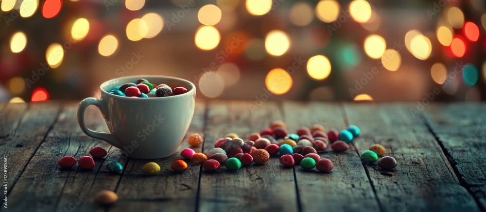 Poster cup of colorful candies on rustic wooden table with festive bokeh lights in background