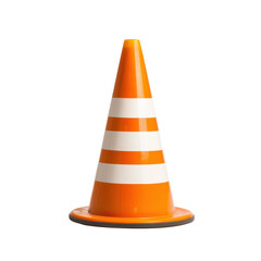 An orange traffic cone with white stripes, marked for road safety and diversion.