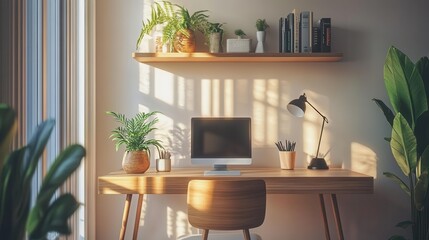 minimalist scandinavian home office featuring natural light, warm wood textures, ergonomic furniture, potted plants, and floating shelves, rendered in soft morning light