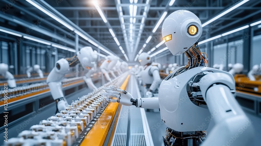 Poster a factory floor where automation, ai, and advanced robotics revolutionize production processes.
