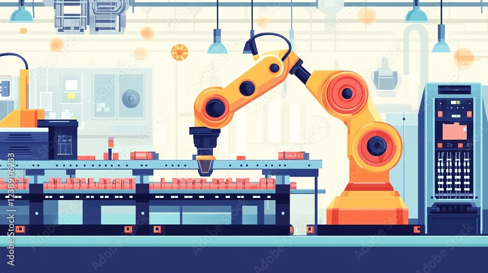 Poster a factory floor where automation, ai, and advanced robotics revolutionize production processes.