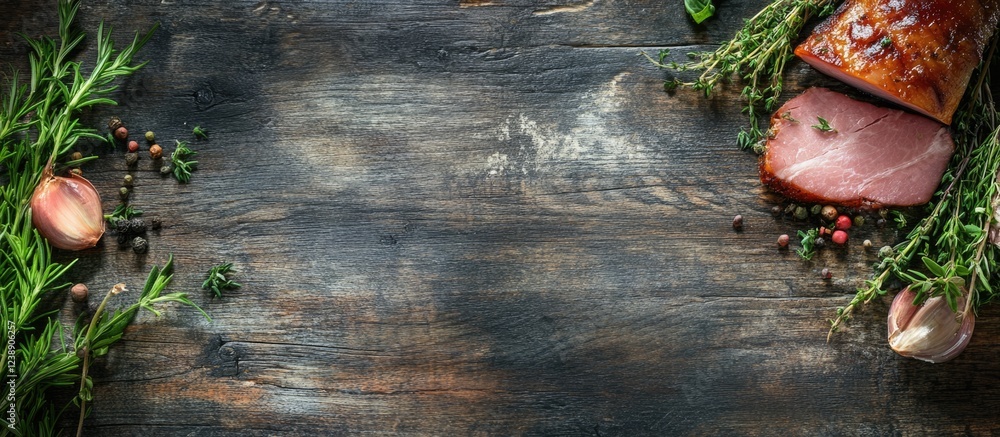 Aufkleber smoked meat and herbs on rustic wooden background with copy space for text placement.