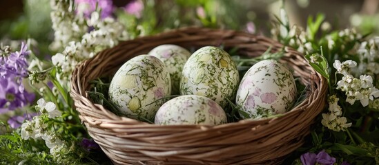 Fototapeta premium Decorative Easter Eggs in Wicker Basket Surrounded by Spring Flowers