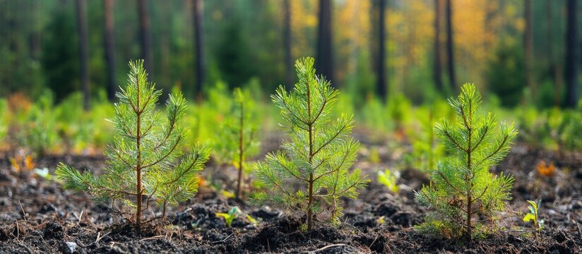 Row of Young Pine Trees in Forest with Autumn Foliage Background - Powered by Adobe