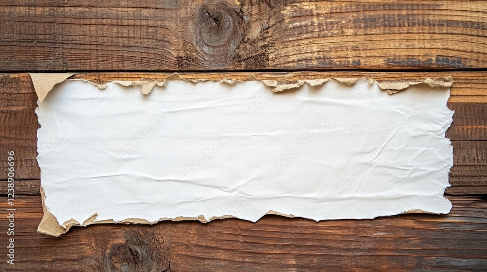 Poster torn white paper on rustic wooden background with space for text placement