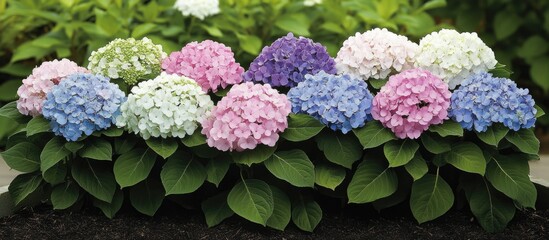 Colorful Hydrangea Bushes Blooming with Varied Flower Hues in Garden