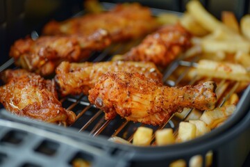 Chicken wings and french fries cooking in an air fryer until crispy