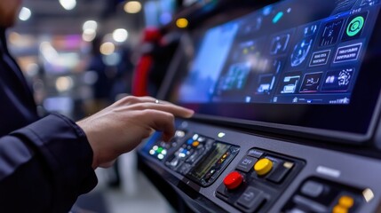 Engineer uses a cutting edge touchscreen control panel to manage and monitor an innovative production process, showcasing advanced technology in industrial automation
