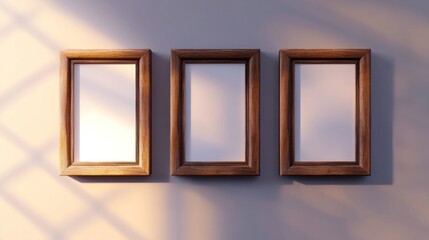 Three empty wooden frames on a wall with sunlight.