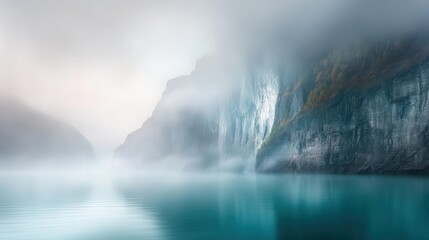 Fototapeta premium misty dawn over norwegian fjords, dramatic cliffs rising from turquoise waters, ethereal morning light, low-hanging clouds, pristine wilderness
