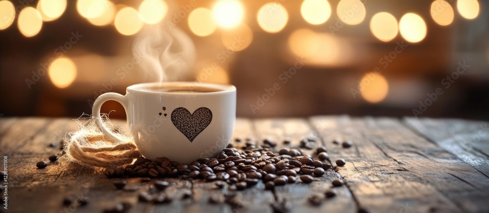 Poster steaming coffee cup with heart design on rustic wooden table with coffee beans and bokeh lights in b