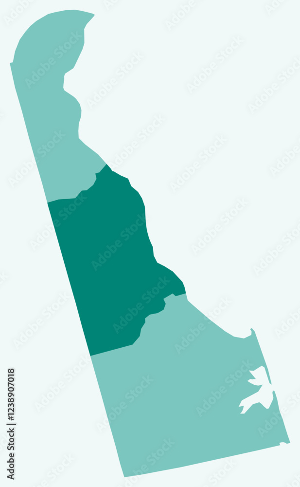 Poster map of delaware with counties. just a simple state border map with county division. teal color palet