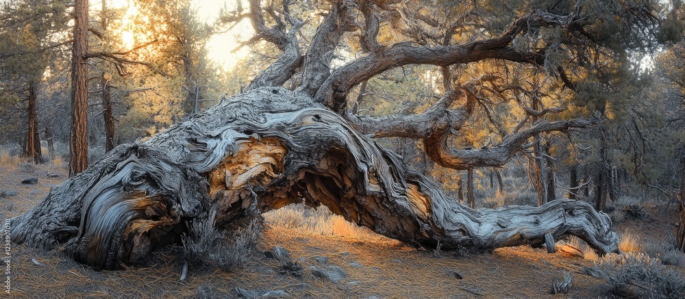 Poster fallen ancient tree in forest with sunlight filtering through branches