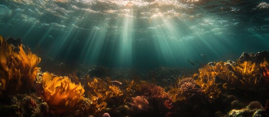 Fototapeta premium Sunlight Filtering Through Water Illuminating Underwater Coral Reef Scene