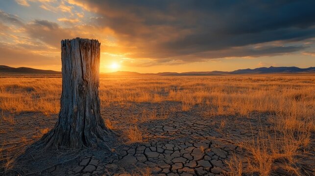 Breathtaking Sunset Over a Dry Field Featuring a Tree Stump Symbolizing Environmental Conservation