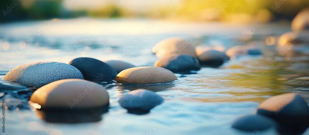Poster smooth pebbles in shallow stream with gentle water flow in natural setting.