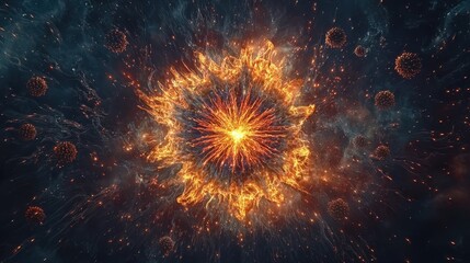 Fototapeta premium A highly detailed illustration of a virus particle with glowing red spikes, surrounded by smaller particles in motion, floating in a dark, microscopic environment. The design emphasizes the 