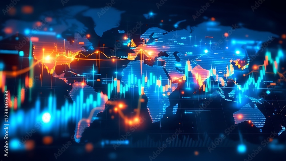 Aufkleber financial trading graph with candlestick chart and binary data on dark blue digital background depic