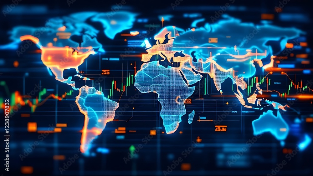 Aufkleber financial trading graph with candlestick chart and binary data on dark blue digital background depic