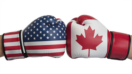 American tariffs. Boxing Gloves with American and Canadian Flags Facing Each Other, Symbolizing Rivalry or Competition, Isolated on White Background. Conceptual image of tariffs