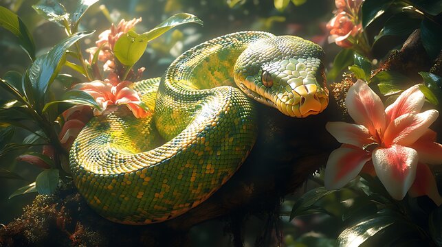 Green tree python resting in jungle flowers, sunlight