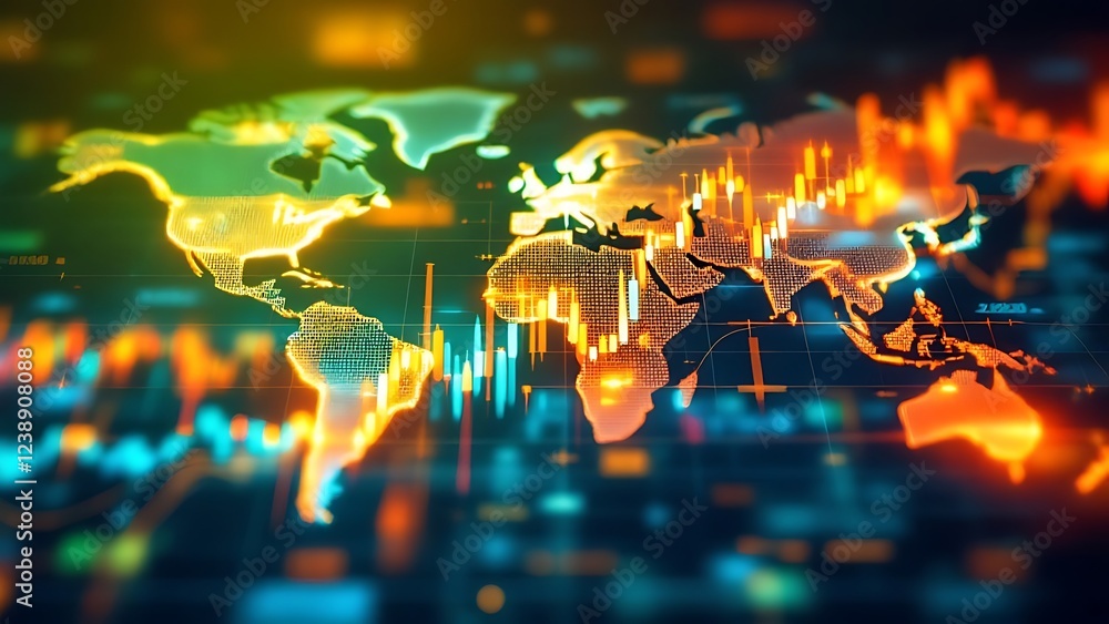 Aufkleber financial trading graph with candlestick chart and binary data on dark blue digital background depic