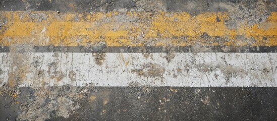 Worn road markings with yellow and white lines on asphalt surface with textured details