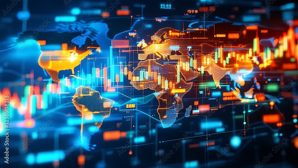 Aufkleber financial trading graph with candlestick chart and binary data on dark blue digital background depic