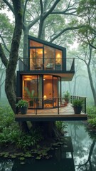 Modern treehouse: contemporary design in lush forest setting by waterside