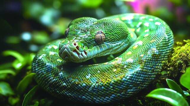 Green tree python coiled, jungle foliage, reptile close-up, nature documentary