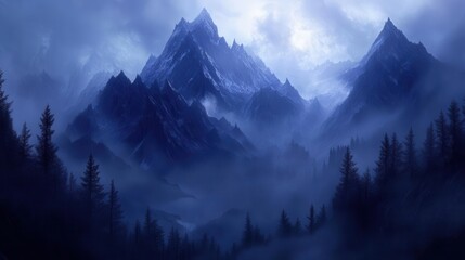 Obraz premium mystical mountain landscape at dawn, layered peaks emerging through swirling mist banks, dark evergreen forest silhouettes in foreground, ethereal atmosphere