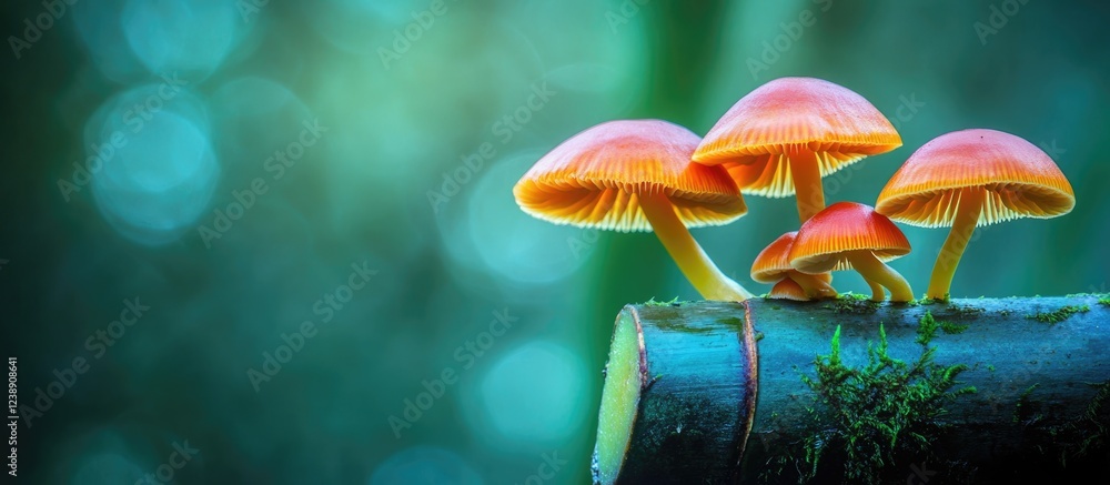 Poster mushrooms with red caps growing on mossy log with blurred background and copy space