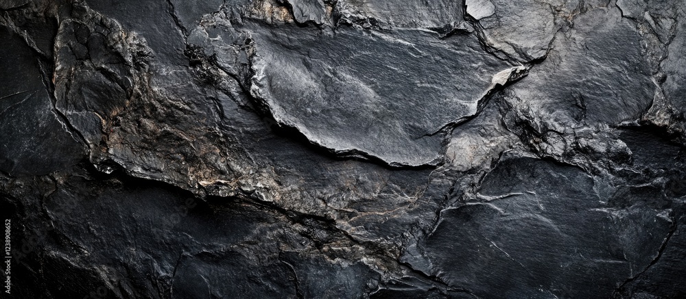 Poster close-up of dark textured slate stone surface with visible layers and rough edges.